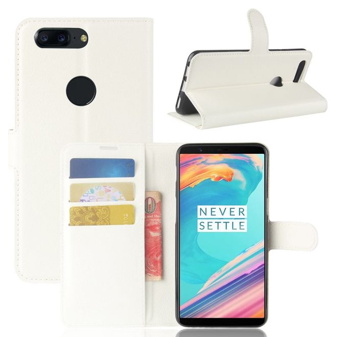 OnePlus 5T Handy Hülle - Cover aus Leder - mit Litchitextur und Standfunktion - weiss