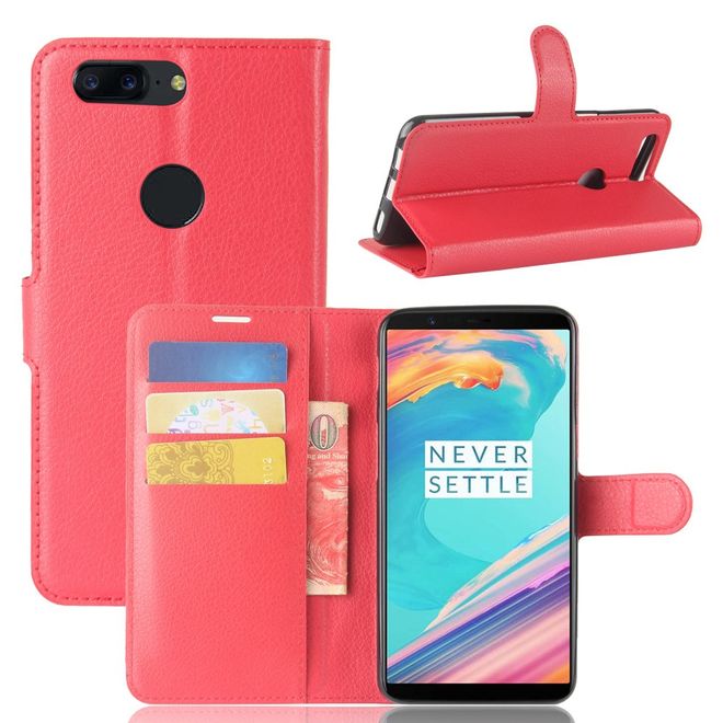 OnePlus 5T Handy Hülle - Cover aus Leder - mit Litchitextur und Standfunktion - rot