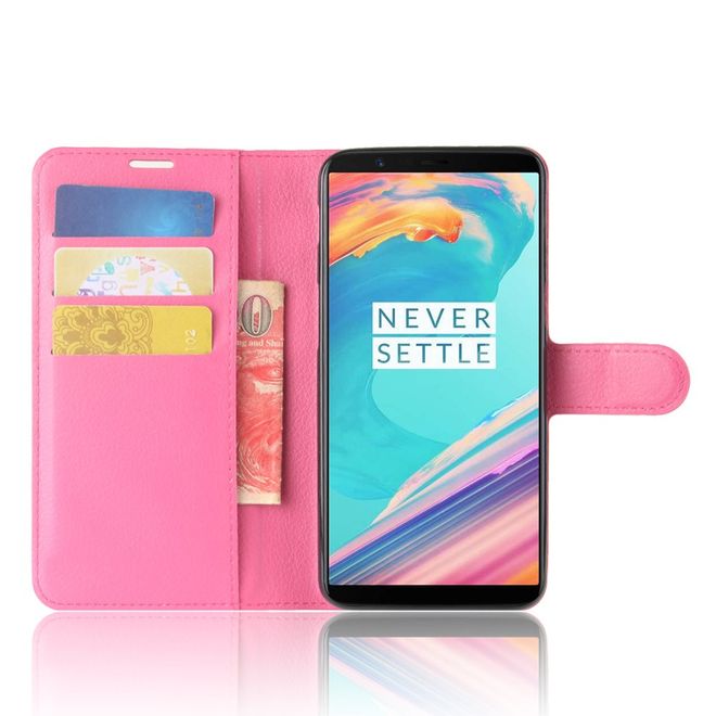 OnePlus 5T Handy Hülle - Cover aus Leder - mit Litchitextur und Standfunktion - rosa