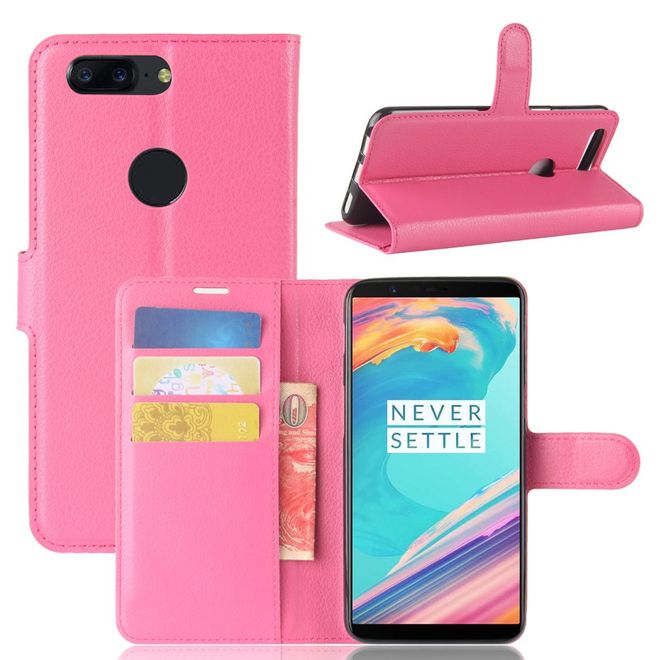 OnePlus 5T Handy Hülle - Cover aus Leder - mit Litchitextur und Standfunktion - rosa