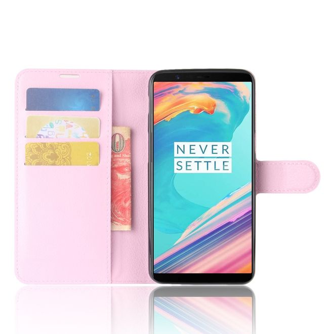 OnePlus 5T Handy Hülle - Cover aus Leder - mit Litchitextur und Standfunktion - pink