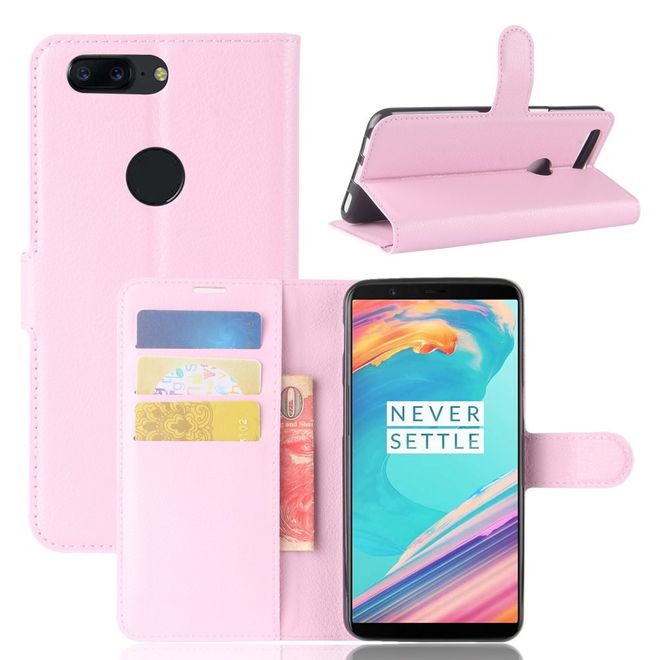 OnePlus 5T Handy Hülle - Cover aus Leder - mit Litchitextur und Standfunktion - pink