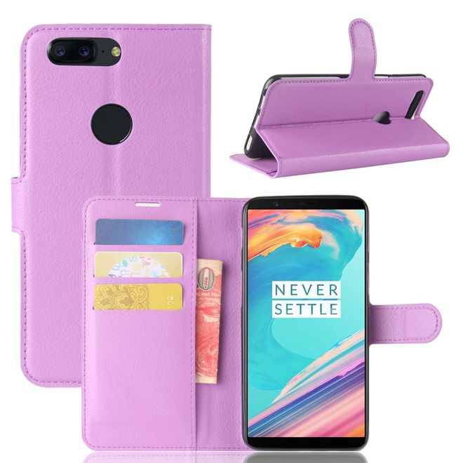 OnePlus 5T Handy Hülle - Cover aus Leder - mit Litchitextur und Standfunktion - purpur