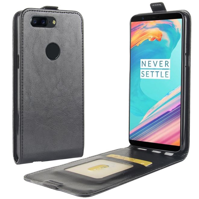 OnePlus 5T Hülle - Crazy Horse Leder Flip Case - vertikal - mit Visitenkartenfach - schwarz