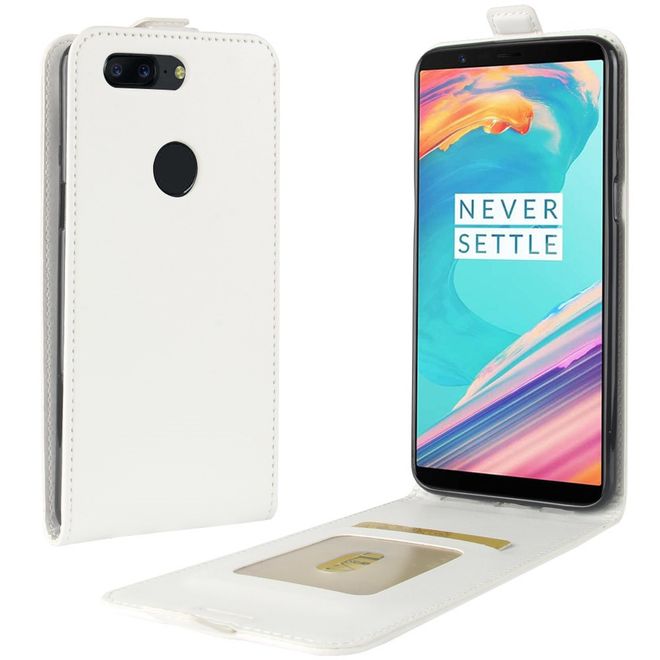 OnePlus 5T Hülle - Crazy Horse Leder Flip Case - vertikal - mit Visitenkartenfach - weiss
