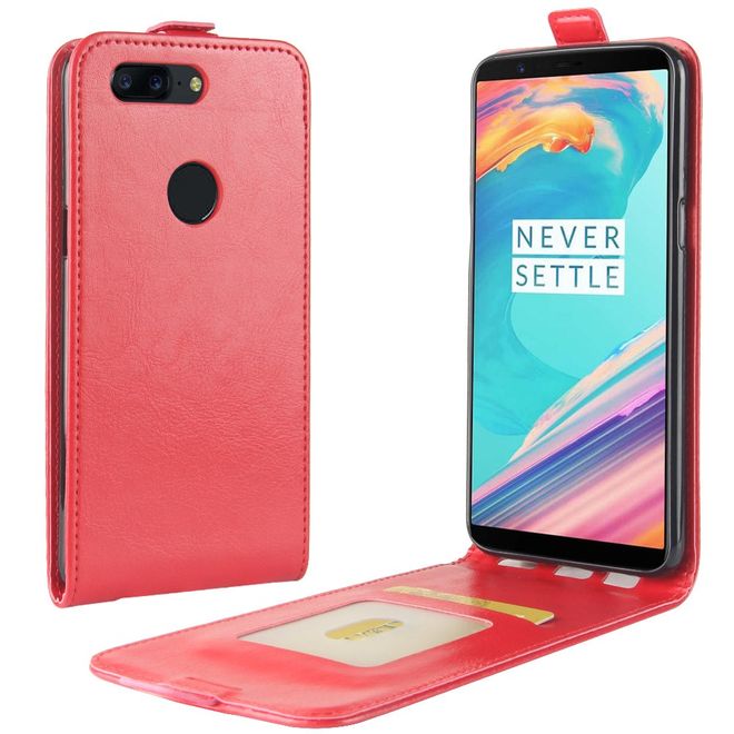 OnePlus 5T Hülle - Crazy Horse Leder Flip Case - vertikal - mit Visitenkartenfach - rot