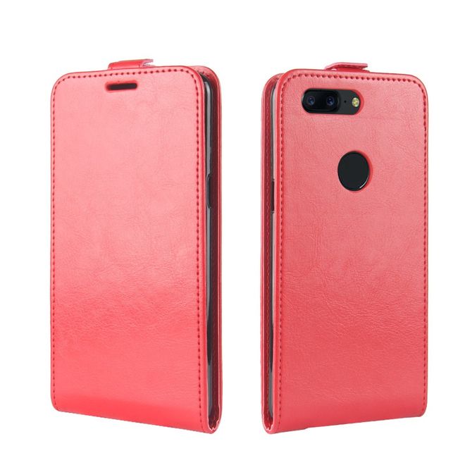 OnePlus 5T Hülle - Crazy Horse Leder Flip Case - vertikal - mit Visitenkartenfach - rot