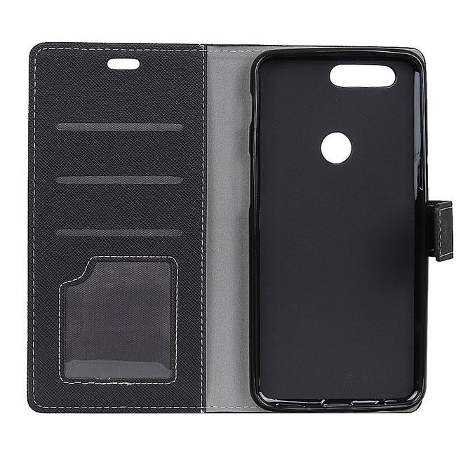 OnePlus 5T Handy Hülle - Bookcover aus Leder - mit Kreuzmuster - schwarz