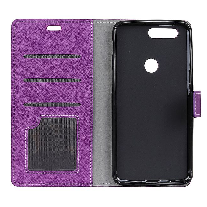 OnePlus 5T Handy Hülle - Bookcover aus Leder - mit Kreuzmuster - purpur