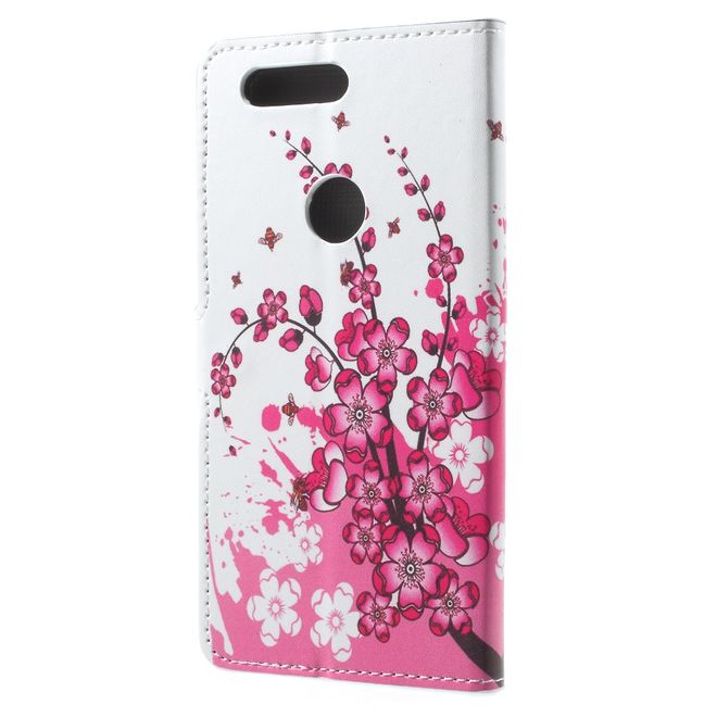 OnePlus 5T Handyhülle - Case aus Leder - pinke Blumen