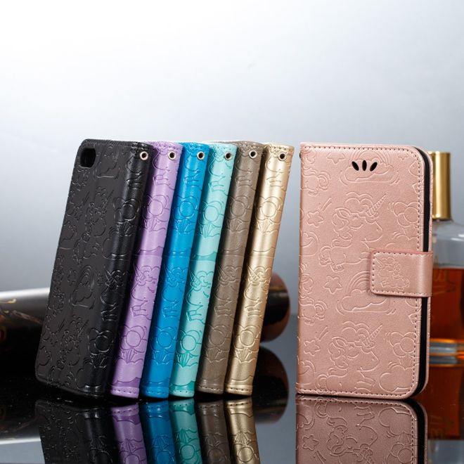 Samsung Galaxy A8+ (2018) Handyhülle - Magnetisches Leder Case - mit Einhorn Muster - schwarz