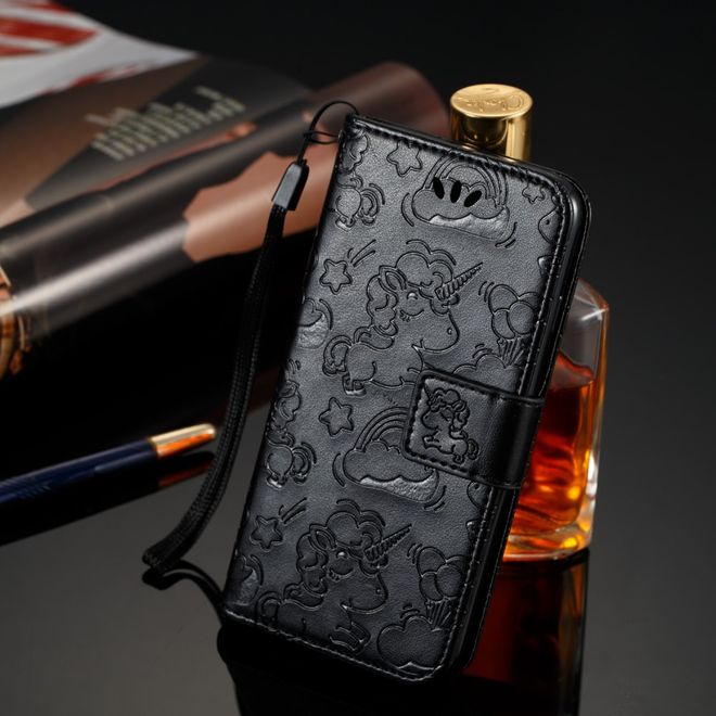 Samsung Galaxy A8+ (2018) Handyhülle - Magnetisches Leder Case - mit Einhorn Muster - schwarz