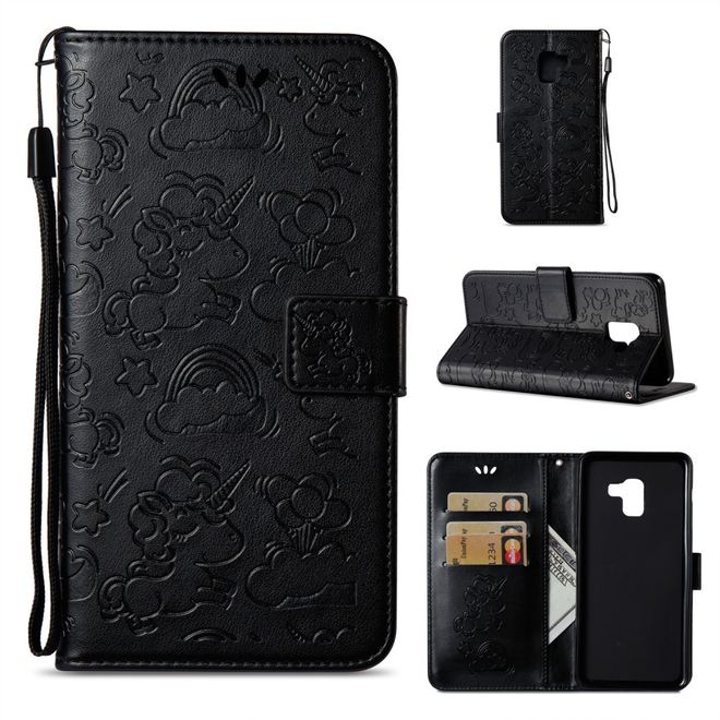 Samsung Galaxy A8+ (2018) Handyhülle - Magnetisches Leder Case - mit Einhorn Muster - schwarz