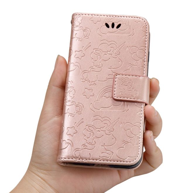 Samsung Galaxy A8+ (2018) Handyhülle - Magnetisches Leder Case - mit Einhorn Muster - rosegold
