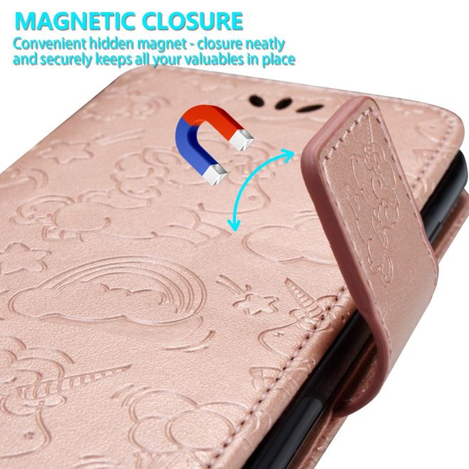 Samsung Galaxy A8+ (2018) Handyhülle - Magnetisches Leder Case - mit Einhorn Muster - rosegold