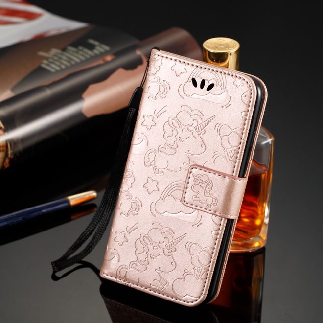 Samsung Galaxy A8+ (2018) Handyhülle - Magnetisches Leder Case - mit Einhorn Muster - rosegold