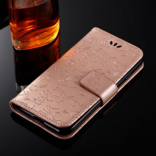 Samsung Galaxy A8+ (2018) Handyhülle - Magnetisches Leder Case - mit Einhorn Muster - rosegold