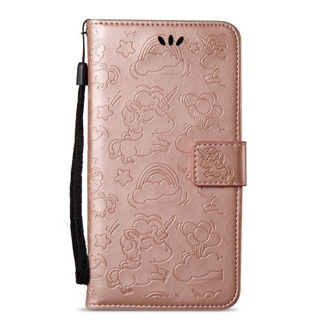 Samsung Galaxy A8+ (2018) Handyhülle - Magnetisches Leder Case - mit Einhorn Muster - rosegold