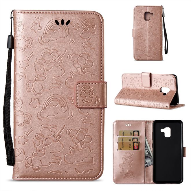 Samsung Galaxy A8+ (2018) Handyhülle - Magnetisches Leder Case - mit Einhorn Muster - rosegold