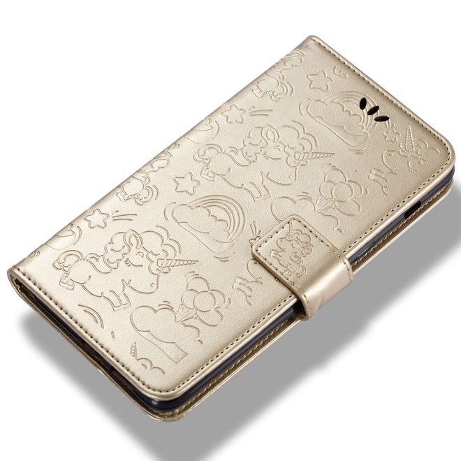 Samsung Galaxy A8+ (2018) Handyhülle - Magnetisches Leder Case - mit Einhorn Muster - gold