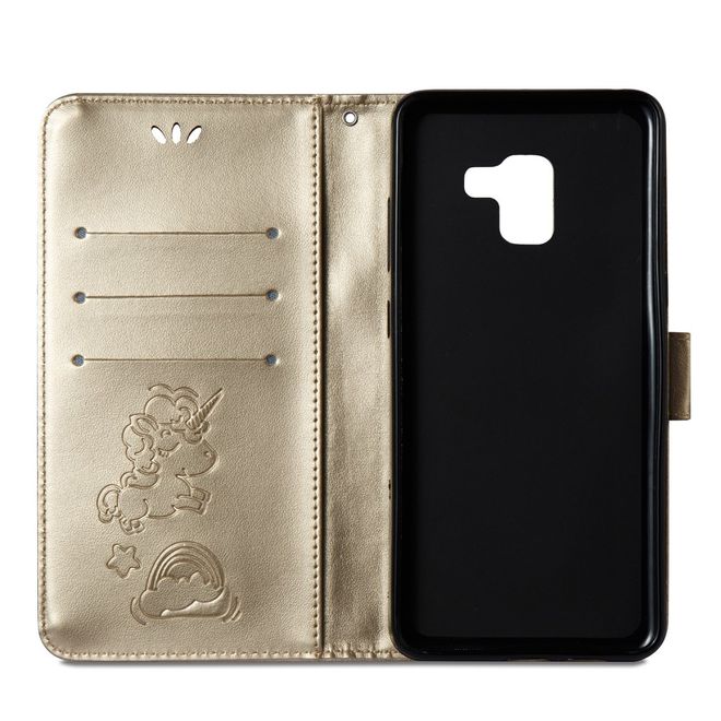 Samsung Galaxy A8+ (2018) Handyhülle - Magnetisches Leder Case - mit Einhorn Muster - gold