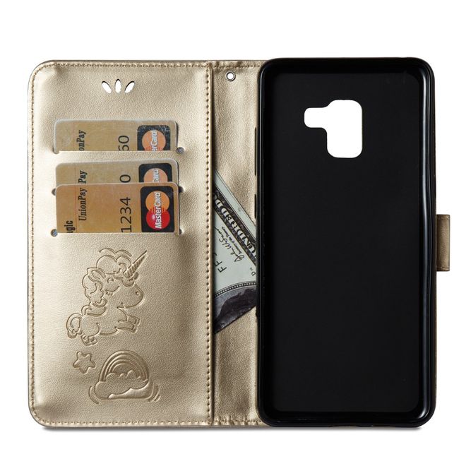 Samsung Galaxy A8+ (2018) Handyhülle - Magnetisches Leder Case - mit Einhorn Muster - gold