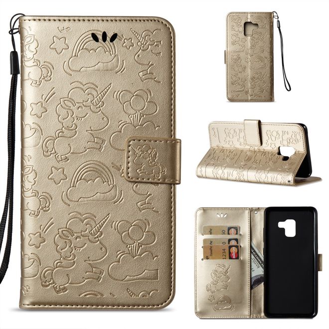Samsung Galaxy A8+ (2018) Handyhülle - Magnetisches Leder Case - mit Einhorn Muster - gold