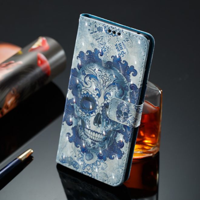 Samsung Galaxy A8+ (2018) Handyhülle - Case aus Leder - mit 3D Effekt - gruseliger Totenkopf
