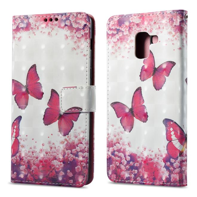 Samsung Galaxy A8+ (2018) Handyhülle - Case aus Leder - mit 3D Effekt - Schmetterlinge und Blumen