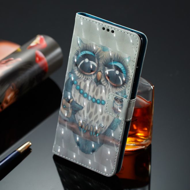 Samsung Galaxy A8+ (2018) Handyhülle - Case aus Leder - mit 3D Effekt - schöne Eule auf einem Ast