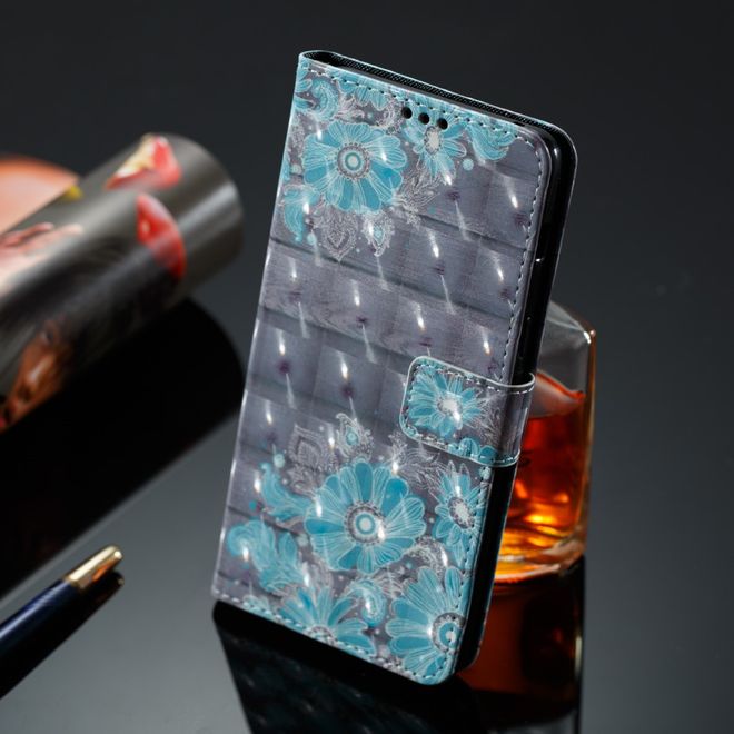 Samsung Galaxy A8+ (2018) Handyhülle - Case aus Leder - mit 3D Effekt - blaue Blumen