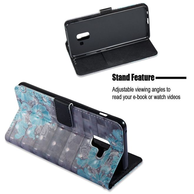 Samsung Galaxy A8+ (2018) Handyhülle - Case aus Leder - mit 3D Effekt - blaue Blumen