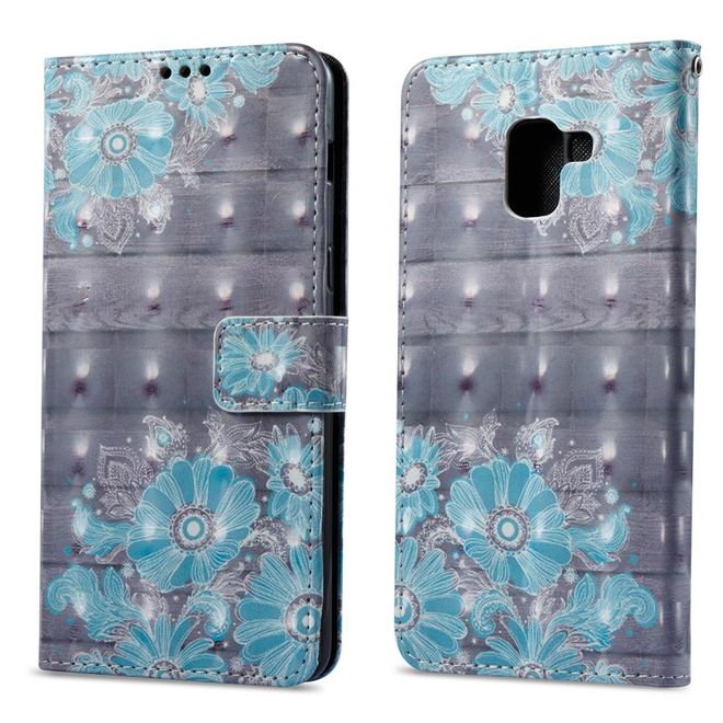Samsung Galaxy A8+ (2018) Handyhülle - Case aus Leder - mit 3D Effekt - blaue Blumen