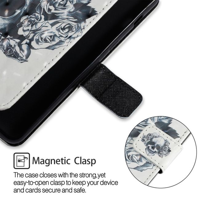 Samsung Galaxy A8+ (2018) Handyhülle - Case aus Leder - mit 3D Effekt - Totenkopf und Blumen