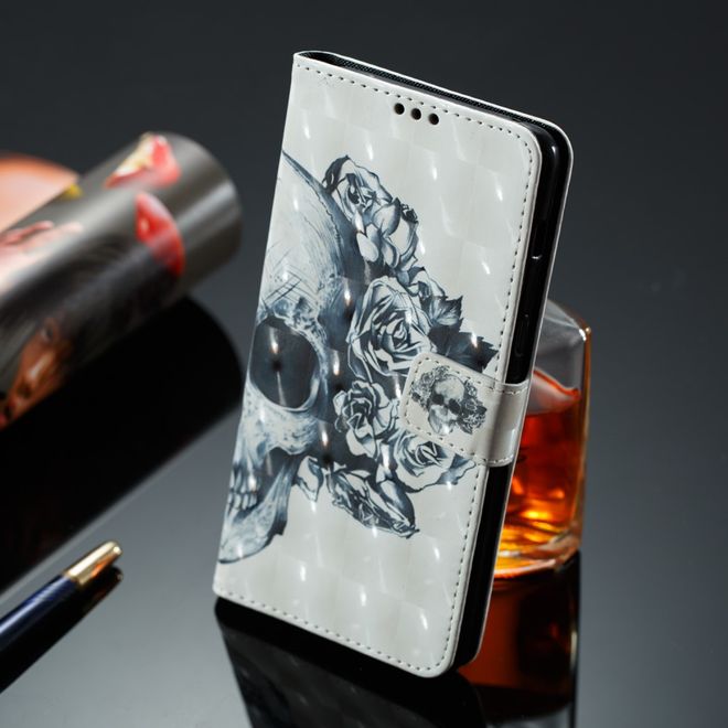 Samsung Galaxy A8+ (2018) Handyhülle - Case aus Leder - mit 3D Effekt - Totenkopf und Blumen