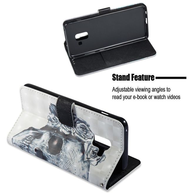 Samsung Galaxy A8+ (2018) Handyhülle - Case aus Leder - mit 3D Effekt - Totenkopf und Blumen