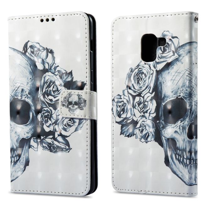 Samsung Galaxy A8+ (2018) Handyhülle - Case aus Leder - mit 3D Effekt - Totenkopf und Blumen