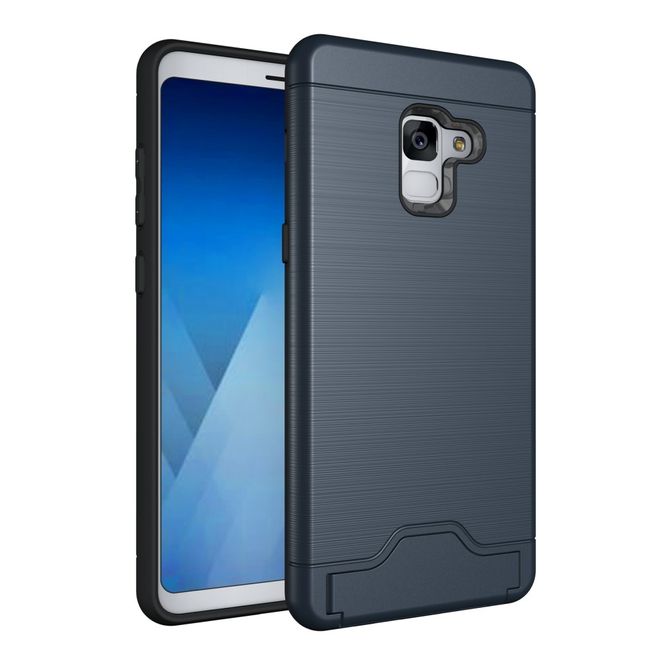 Samsung Galaxy A8+ (2018) Hülle - Plastik Case - mit Visitenkartenfach und Kickstand - dunkelblau