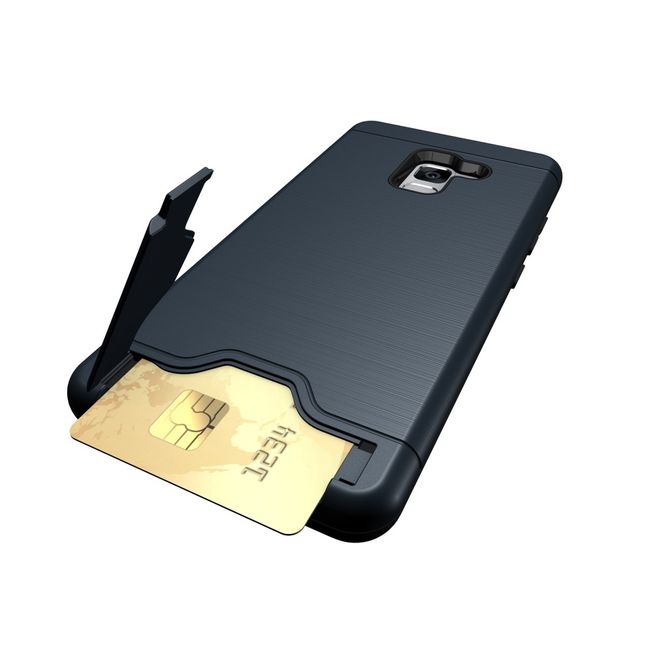 Samsung Galaxy A8+ (2018) Hülle - Plastik Case - mit Visitenkartenfach und Kickstand - dunkelblau