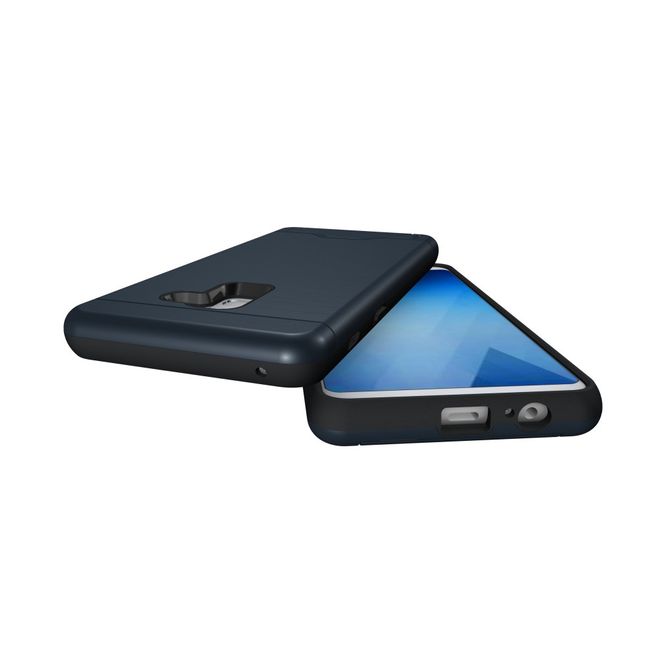 Samsung Galaxy A8+ (2018) Hülle - Plastik Case - mit Visitenkartenfach und Kickstand - dunkelblau