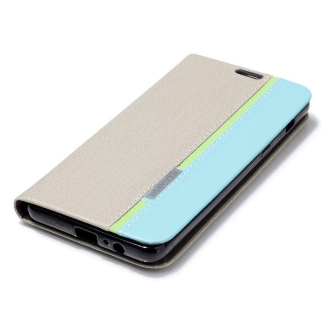 Samsung Galaxy A8+ (2018) Handy Hülle - Bookcover aus Leder - mit Kontrastfarben - beige