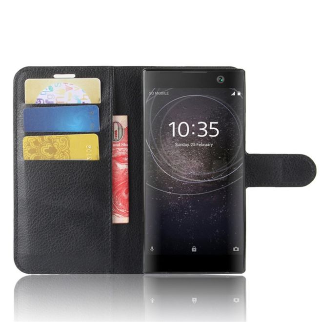 Sony Xperia XA2 Handy Hülle - Leder Bookcover - mit Litchitextur und Standfunktion - schwarz