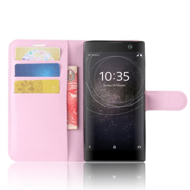 Sony Xperia XA2 Handy Hülle - Leder Bookcover - mit Litchitextur und Standfunktion - pink