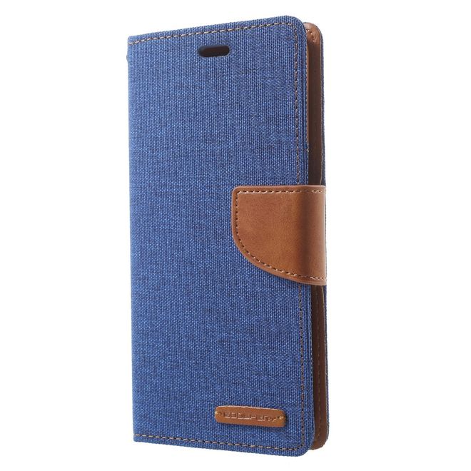 Goospery - Handyhülle für Samsung Galaxy A8 (2018) - Bookcover - Canvas Diary Series - blau/camel