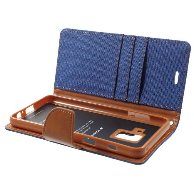 Goospery - Handyhülle für Samsung Galaxy A8 (2018) - Bookcover - Canvas Diary Series - blau/camel