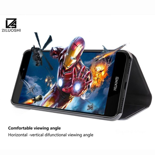 Huawei Y6 Pro (2017) Handy Hülle - Case aus Leder/Plastik - Mirror View Window - schwarz