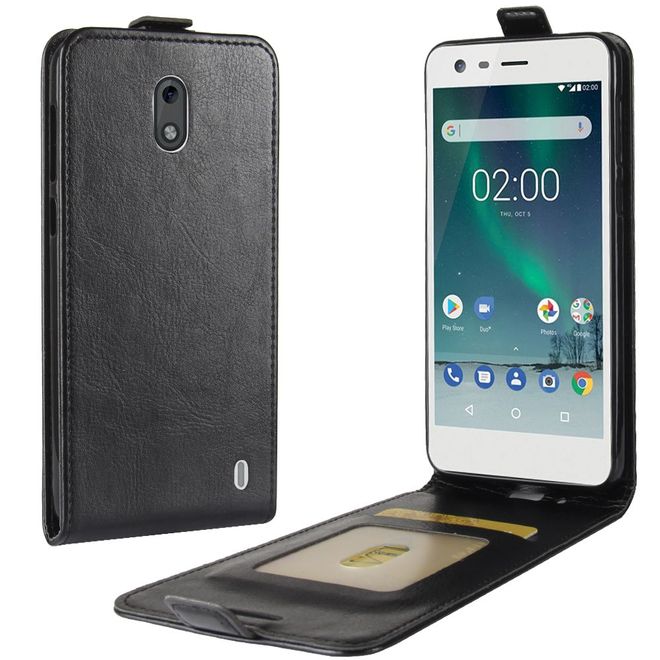 Nokia 2 Handy Hülle - Crazy Horse Flipcase - vertikal - schwarz