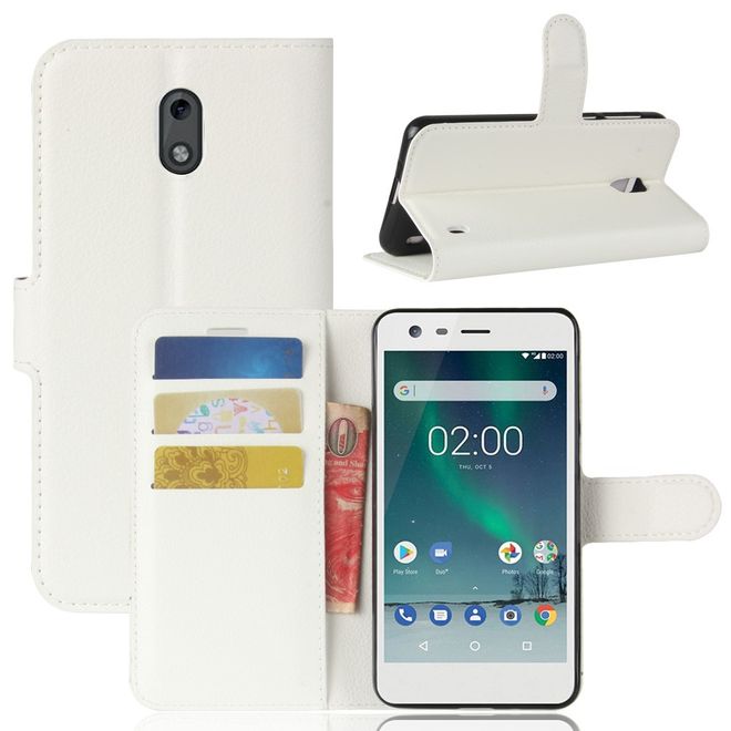 Nokia 2 Handy Hülle - Leder Bookcover - mit Litchitextur und Visitenkartenfach - weiss