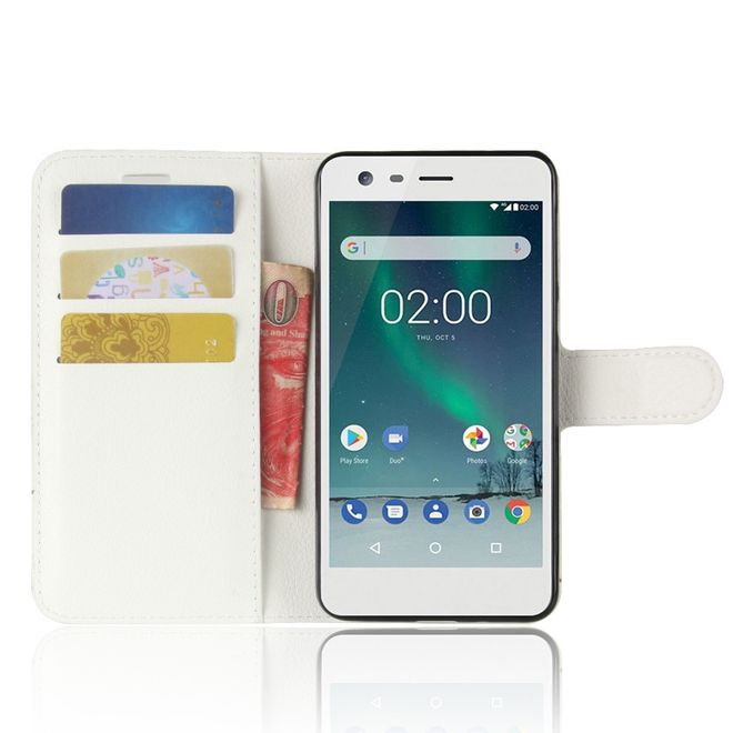 Nokia 2 Handy Hülle - Leder Bookcover - mit Litchitextur und Visitenkartenfach - weiss