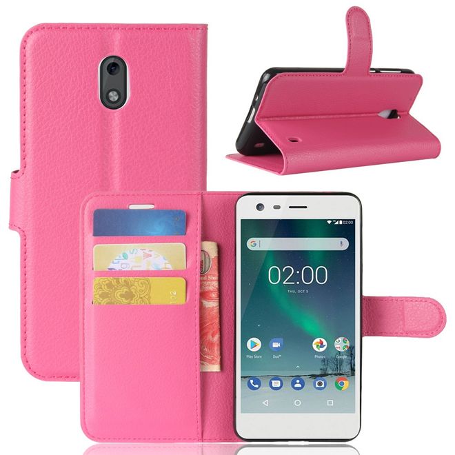 Nokia 2 Handy Hülle - Leder Bookcover - mit Litchitextur und Visitenkartenfach - rosa